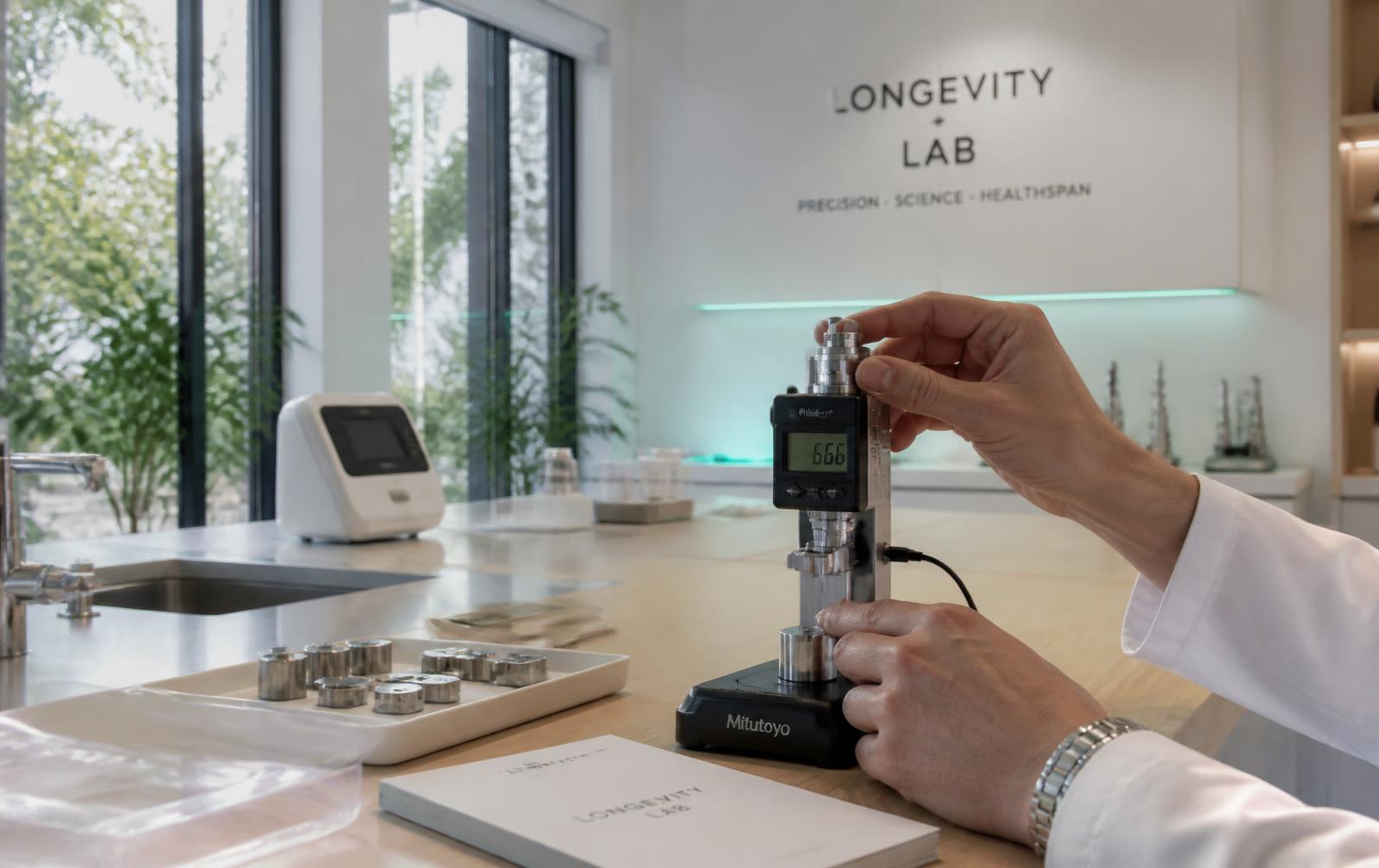 Laboratory technician calibrating a precision measurement instrument in a bright clinic